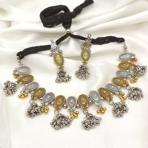 Oxidized dual-tone floral pearl choker set with matching earrings by Joyrias