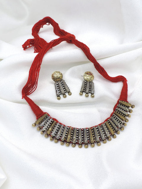 Oxidized dual-tone traditional thread choker necklace set with matching earrings by joyrias