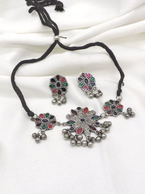 Oxidized multicolor floral bead choker necklace set with matching earrings by joyrias