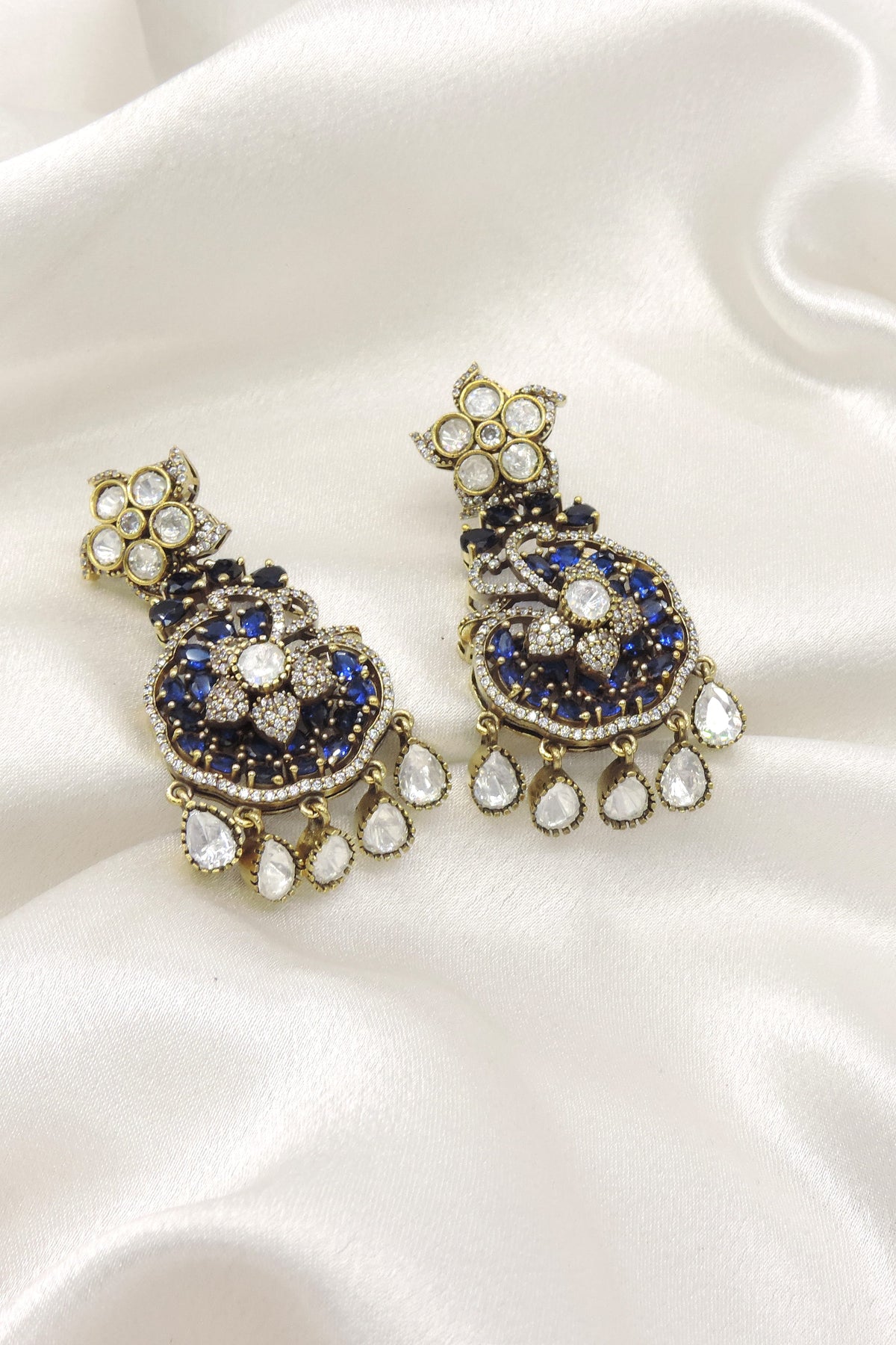 Blue AD Floral Drop Earrings by Joyrias
