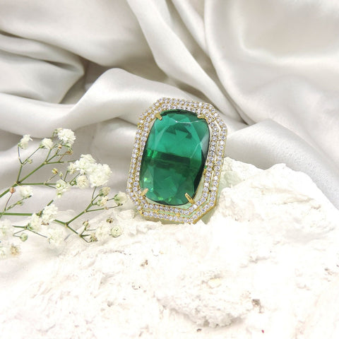Emerald cut green statement AD cocktail ring – Indian CZ stone ring for women USA – Joyrias