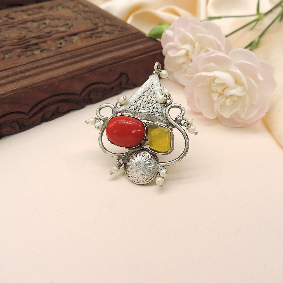 Adjustable oxidized ring with red and yellow stones – Indian ethnic ring for women USA – Joyrias