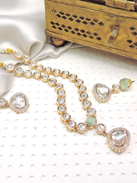 Pastel green and Kundan necklace set – Indian pastel Kundan necklace for festive wear USA – Joyrias