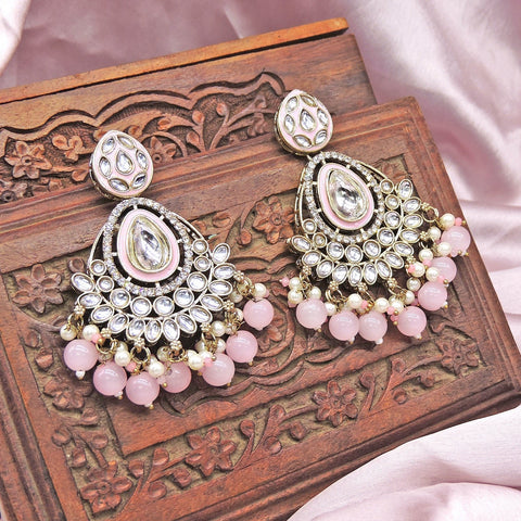 Polki earrings with baby pink beads – Indian Polki earrings for weddings USA – Joyrias