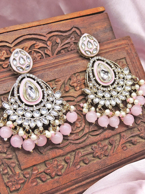 Polki earrings with baby pink beads – Indian Polki earrings for weddings USA – Joyrias