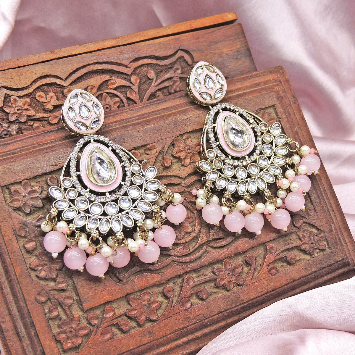 Polki earrings with baby pink beads – Indian Polki earrings for weddings USA – Joyrias