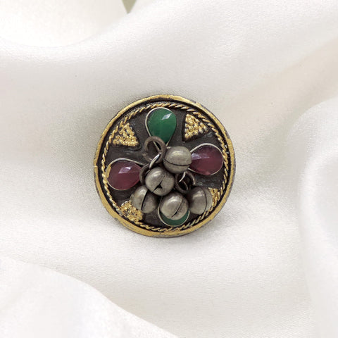 Oxidised multicolor floral ring with green and ruby-toned stones and bead detailing from joyrias
