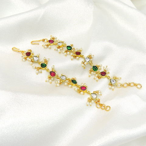 Kundan Ear Chain (Kaan Sahara) with Red, Green Stones & Pearl Drops