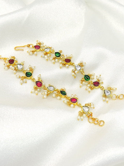 Kundan Ear Chain (Kaan Sahara) with Red, Green Stones & Pearl Drops