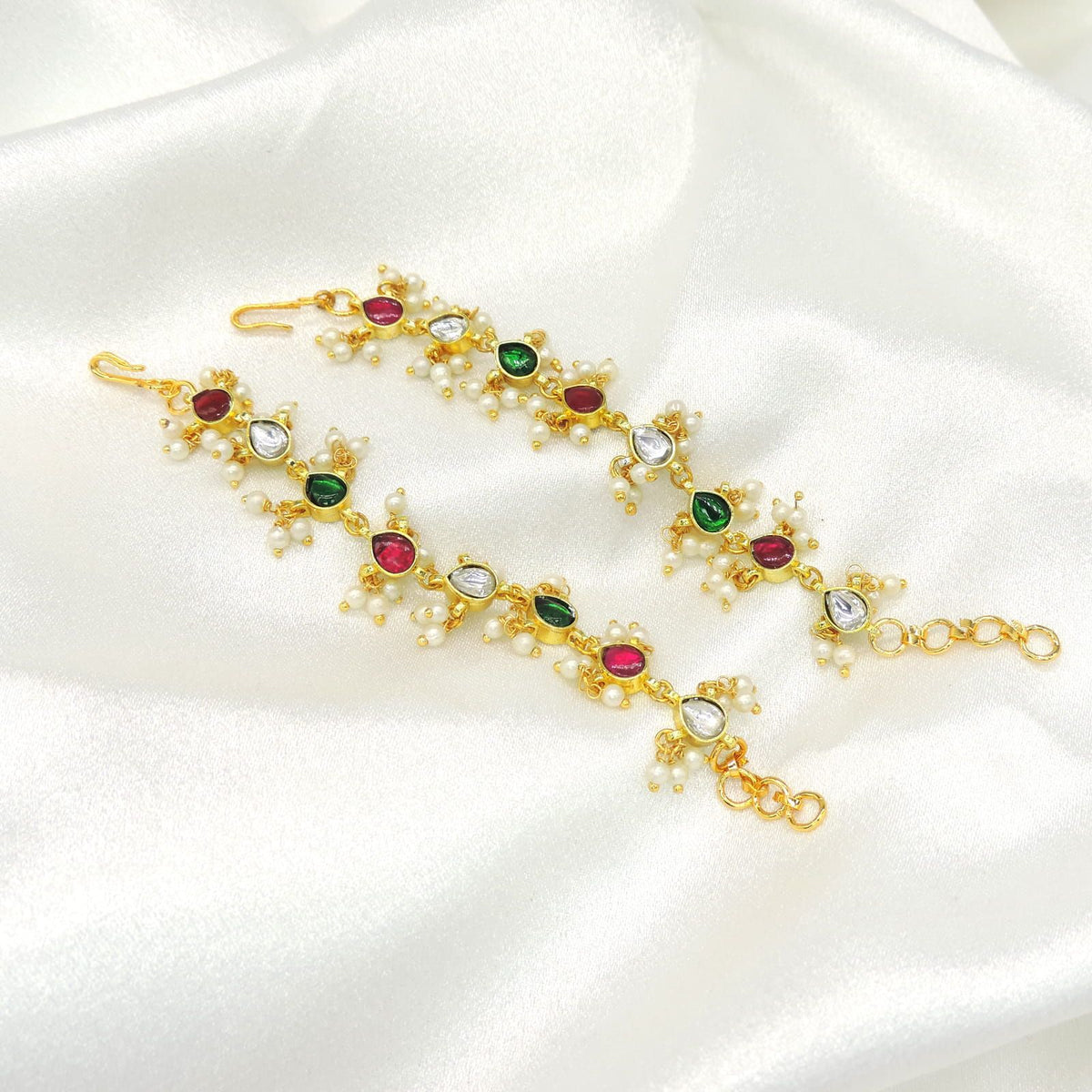 Kundan Ear Chain (Kaan Sahara) with Red, Green Stones & Pearl Drops
