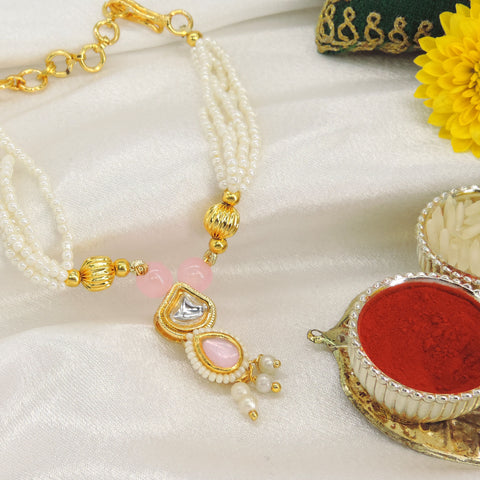 Pink Kundan Pearl Bhabhi Rakhi by Joyrias