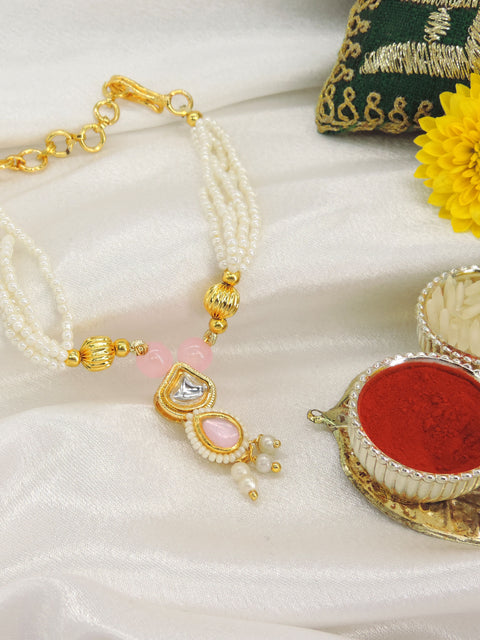 Pink Kundan Pearl Bhabhi Rakhi by Joyrias