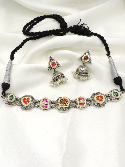 Multicolor tribal oxidized choker set by Joyrias