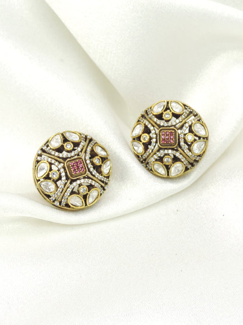 Antique Kundan Stud Earrings with Blue Stone Accents