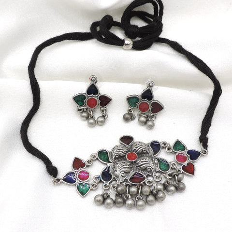 Oxidized Afghani heart motif choker set with matching earrings by joyrias