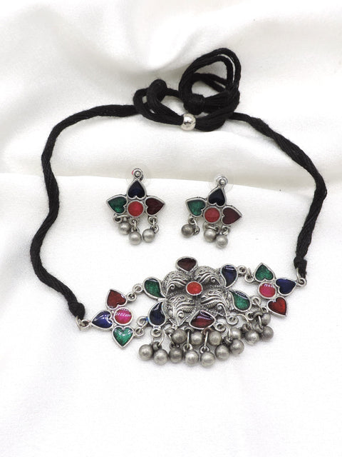 Oxidized Afghani heart motif choker set with matching earrings by joyrias