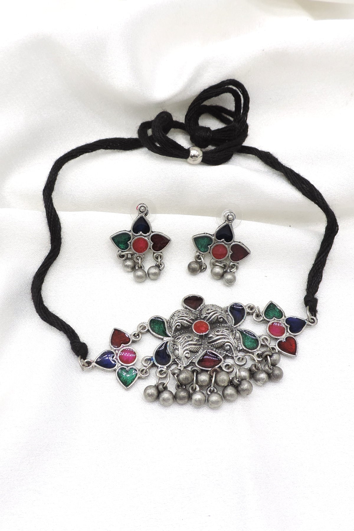 Oxidized Afghani heart motif choker set with matching earrings by joyrias