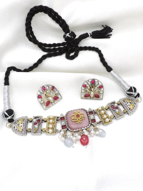 Oxidized Dual-Tone Multicolor Stone Pearl Choker Set