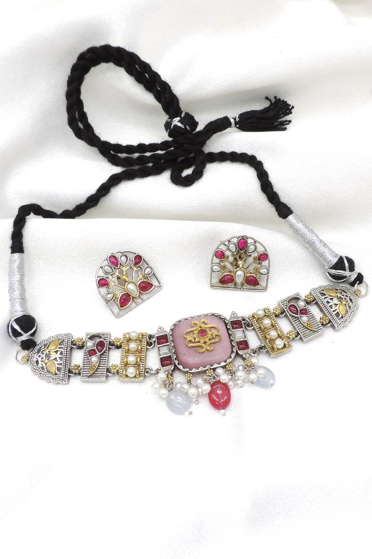 Oxidized Dual-Tone Multicolor Stone Pearl Choker Set
