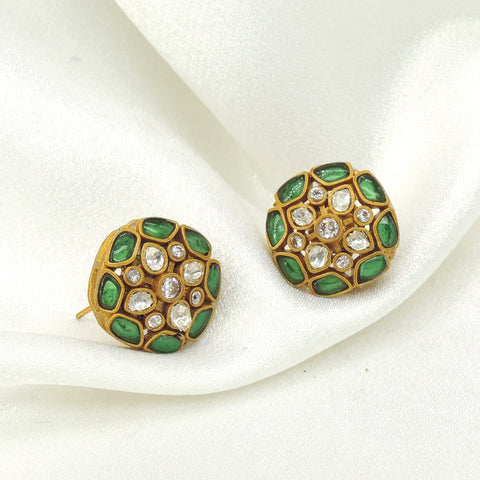 Emerald kundan round stud earrings by Joyrias