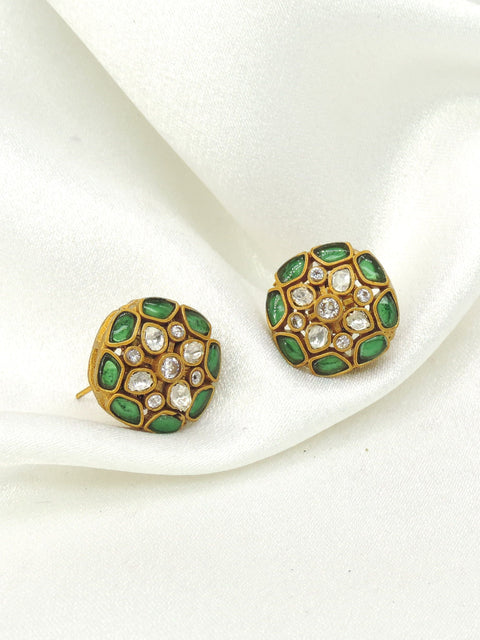 Emerald kundan round stud earrings by Joyrias
