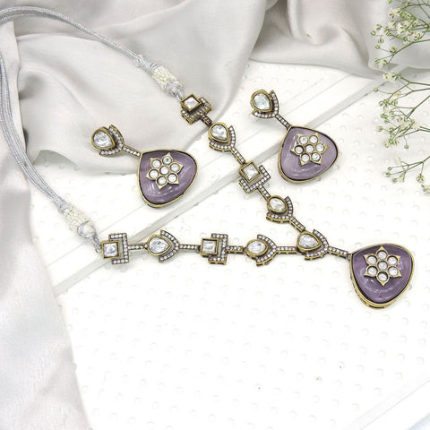 Lavender enamel Kundan necklace set with earrings – Indian festive jewelry USA – Joyrias