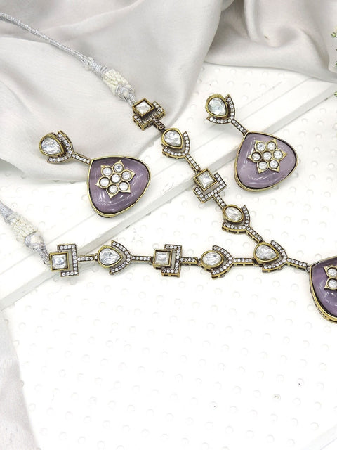 Lavender enamel Kundan necklace set with earrings – Indian festive jewelry USA – Joyrias
