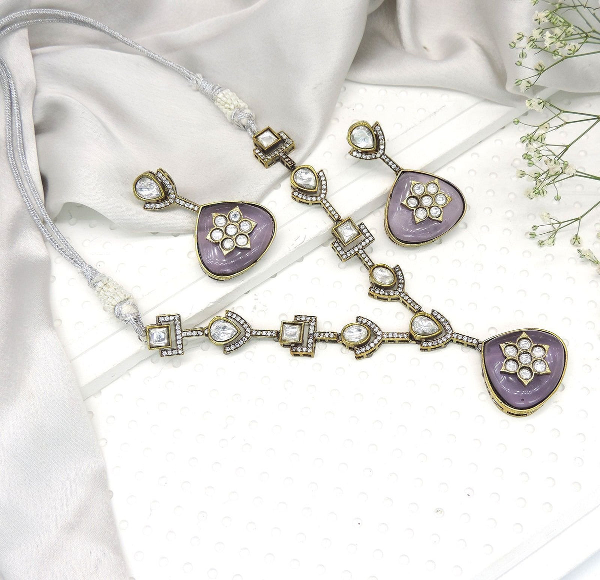 Lavender enamel Kundan necklace set with earrings – Indian festive jewelry USA – Joyrias