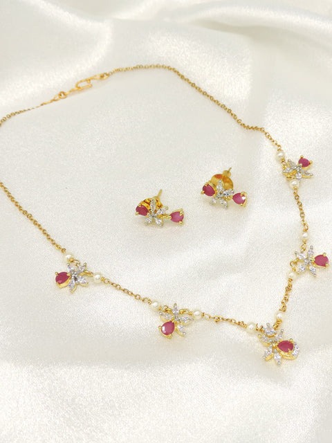 Delicate Ruby Drop Floral Necklace Set with CZ & Pearl Accents