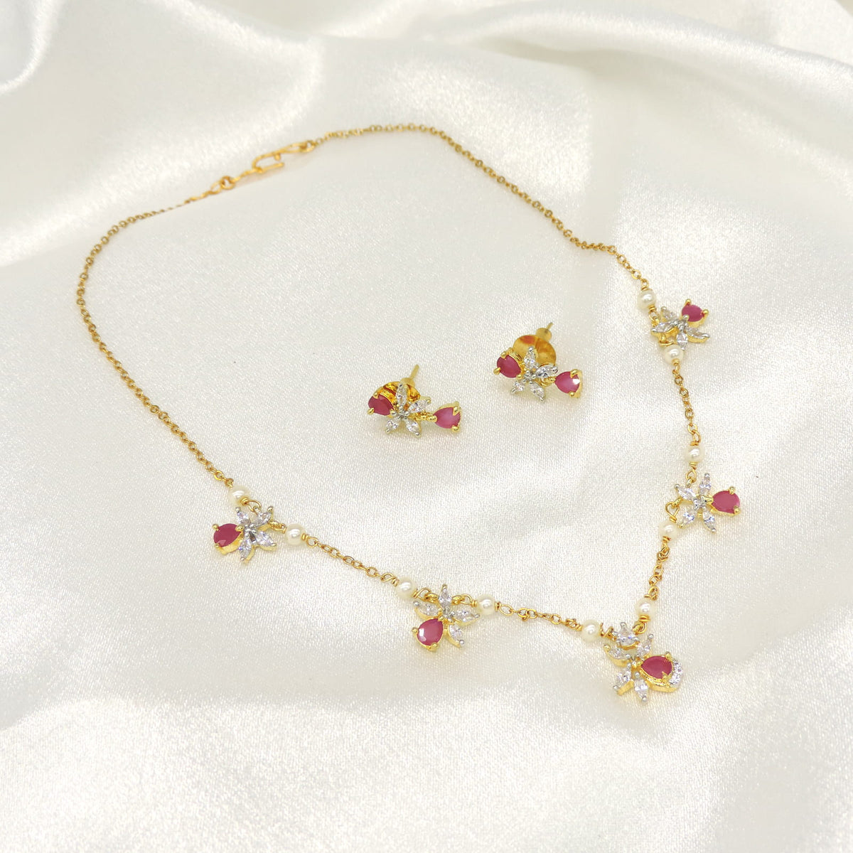 Delicate Ruby Drop Floral Necklace Set with CZ & Pearl Accents