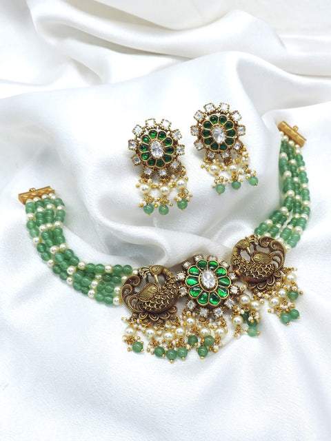 Green Peacock Bead Necklace Set by Joyrias