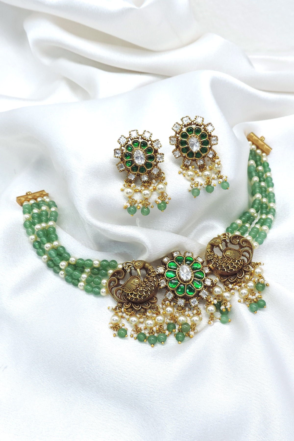 Green Peacock Bead Necklace Set by Joyrias