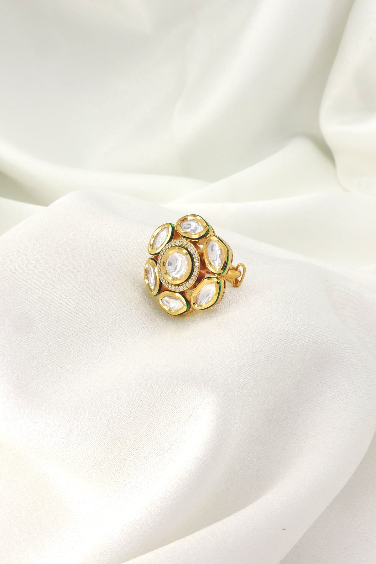 Kundan Polki Statement Ring with Green Enamel Detailing