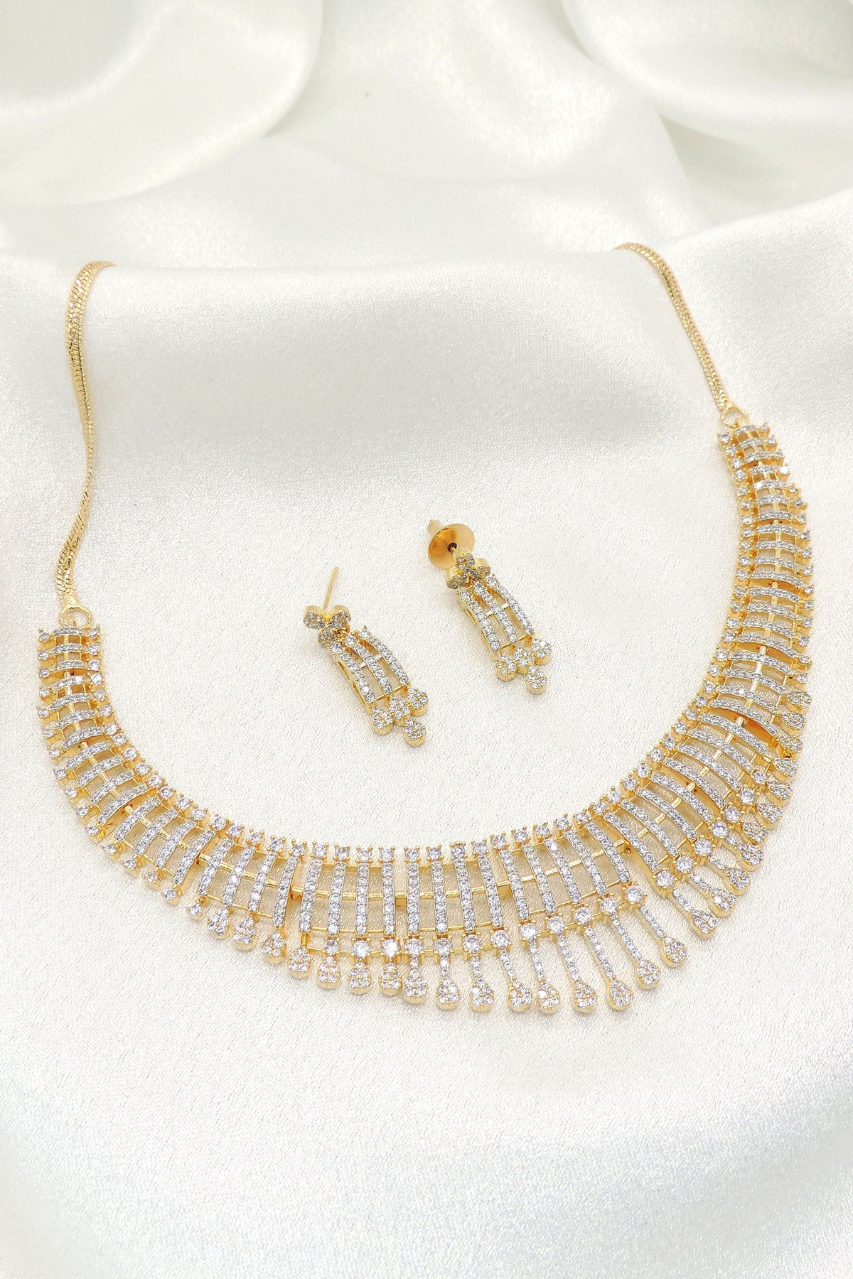 Luxury Gold Finish CZ Waterfall Bridal Necklace Set