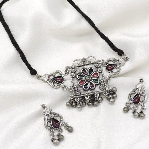 Oxidized multicolor floral necklace set with maroon, green and blue stones and matching earrings by joyrias