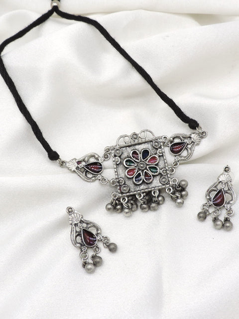 Oxidized multicolor floral necklace set with maroon, green and blue stones and matching earrings by joyrias
