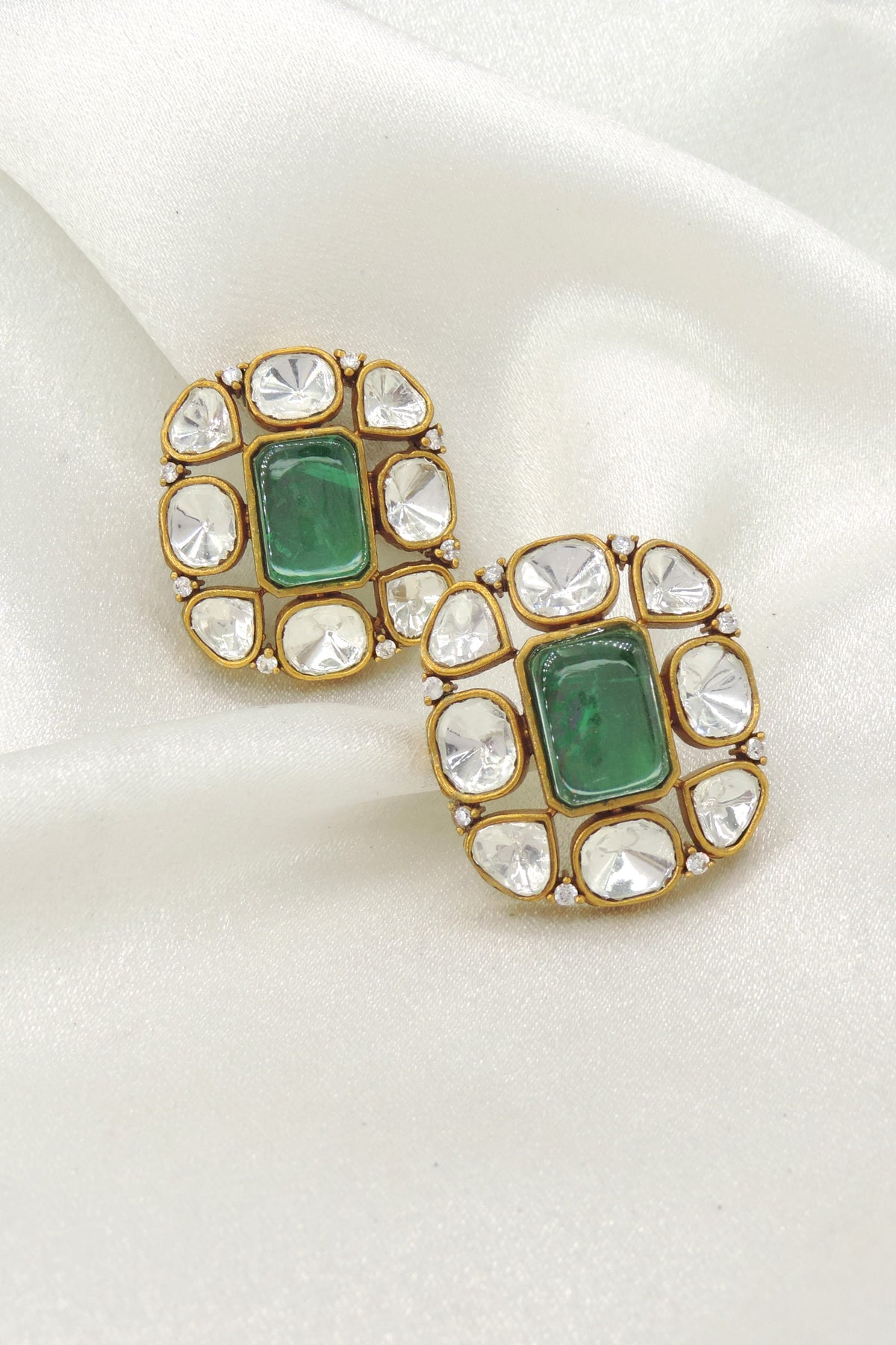 Emerald Kundan Stud Earrings by Joyrias