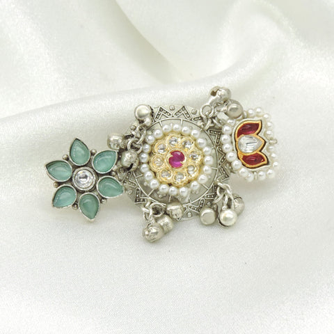 Mint Floral Pearl Ghungroo Three Finger Ring by Joyrias