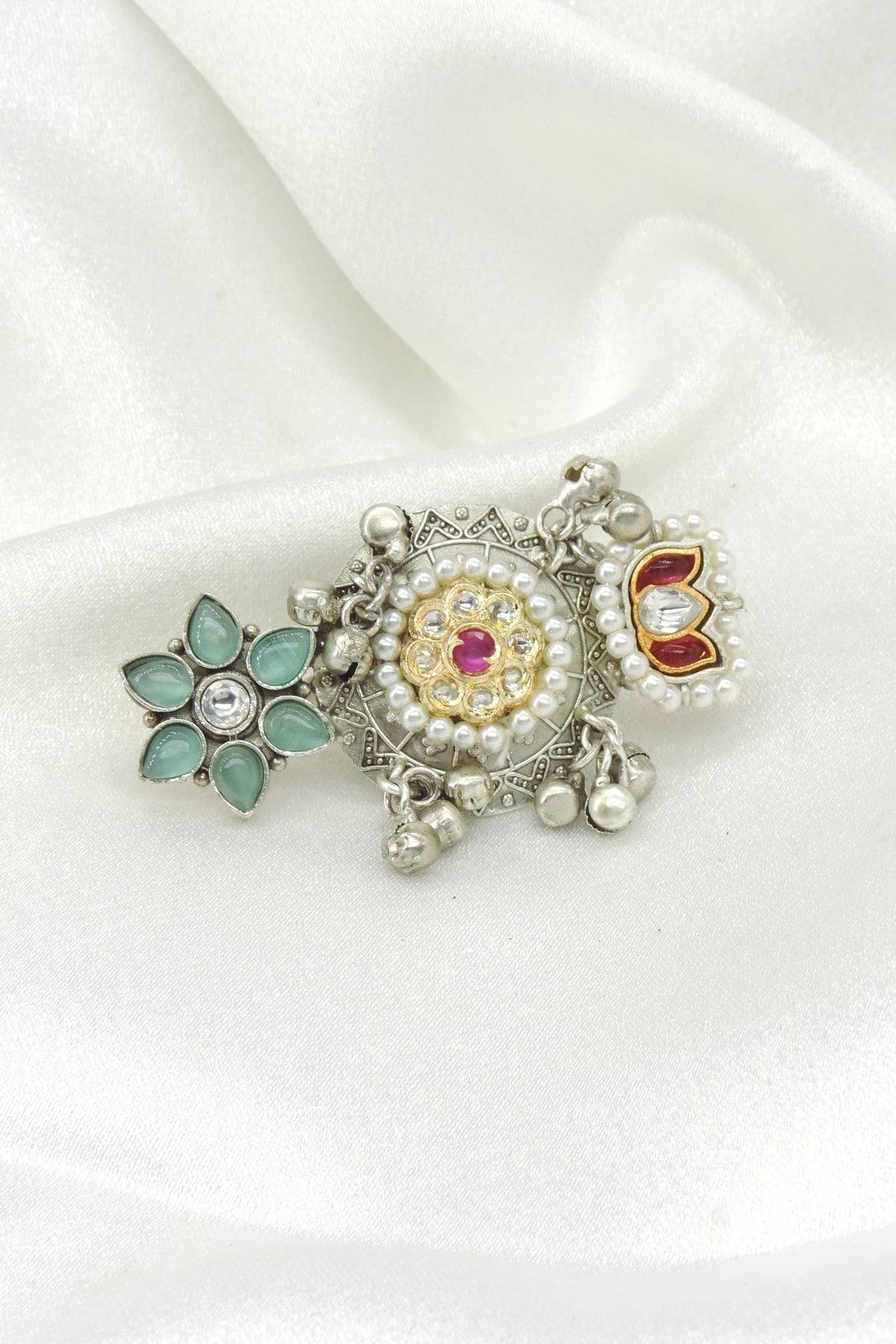 Mint Floral Pearl Ghungroo Three Finger Ring by Joyrias