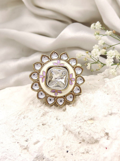Ivory enamel Kundan AD cocktail ring with lilac motifs – Indian statement ring USA – Joyrias