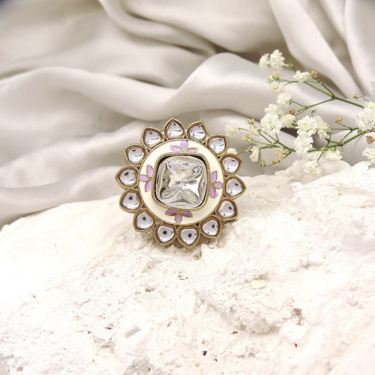 Ivory Enamel Kundan AD Cocktail Ring (Lilac Motifs) Image 0