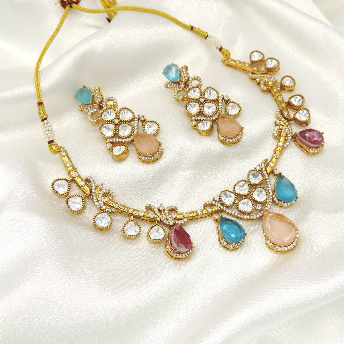 Premium Polki Moissanite Multicolor Necklace Set