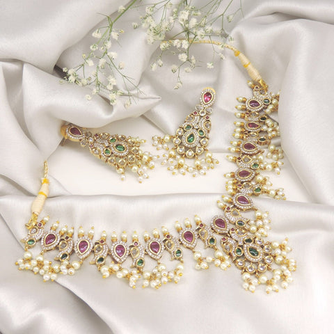 Green and pink stone bridal necklace – Indian multicolor bridal necklace for weddings USA – Joyrias