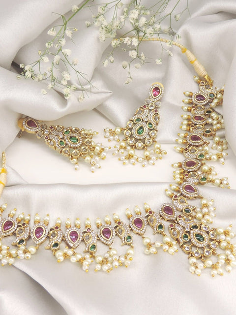 Green and pink stone bridal necklace – Indian multicolor bridal necklace for weddings USA – Joyrias