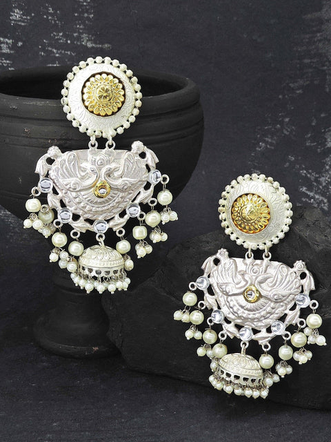 Silver with golden tone jhumka earrings – Indian dual tone jhumka for weddings USA – Joyrias