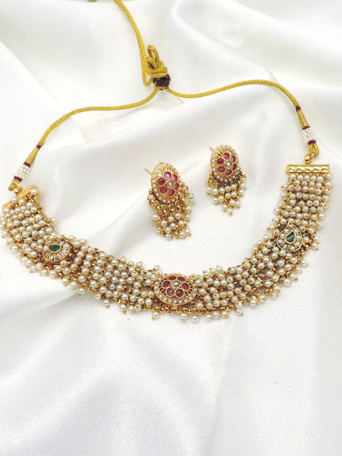 Pearl ruby choker necklace set with matching earrings