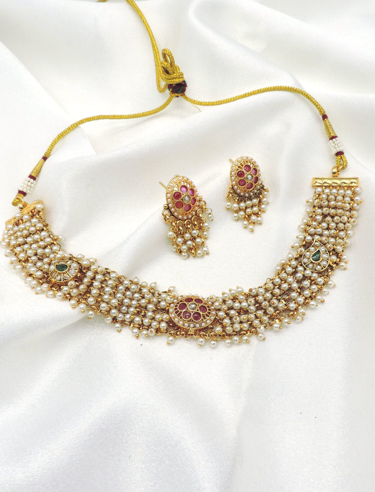 Pearl ruby choker necklace set with matching earrings