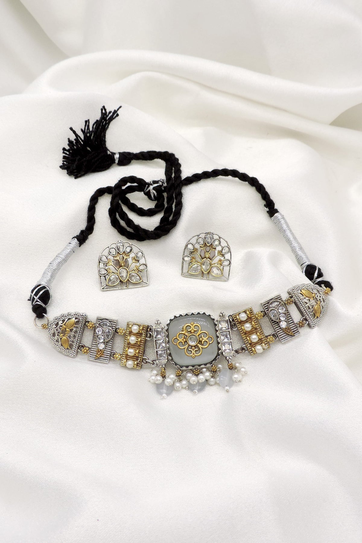 Oxidized Dual-Tone Multicolor Stone Pearl Choker Set