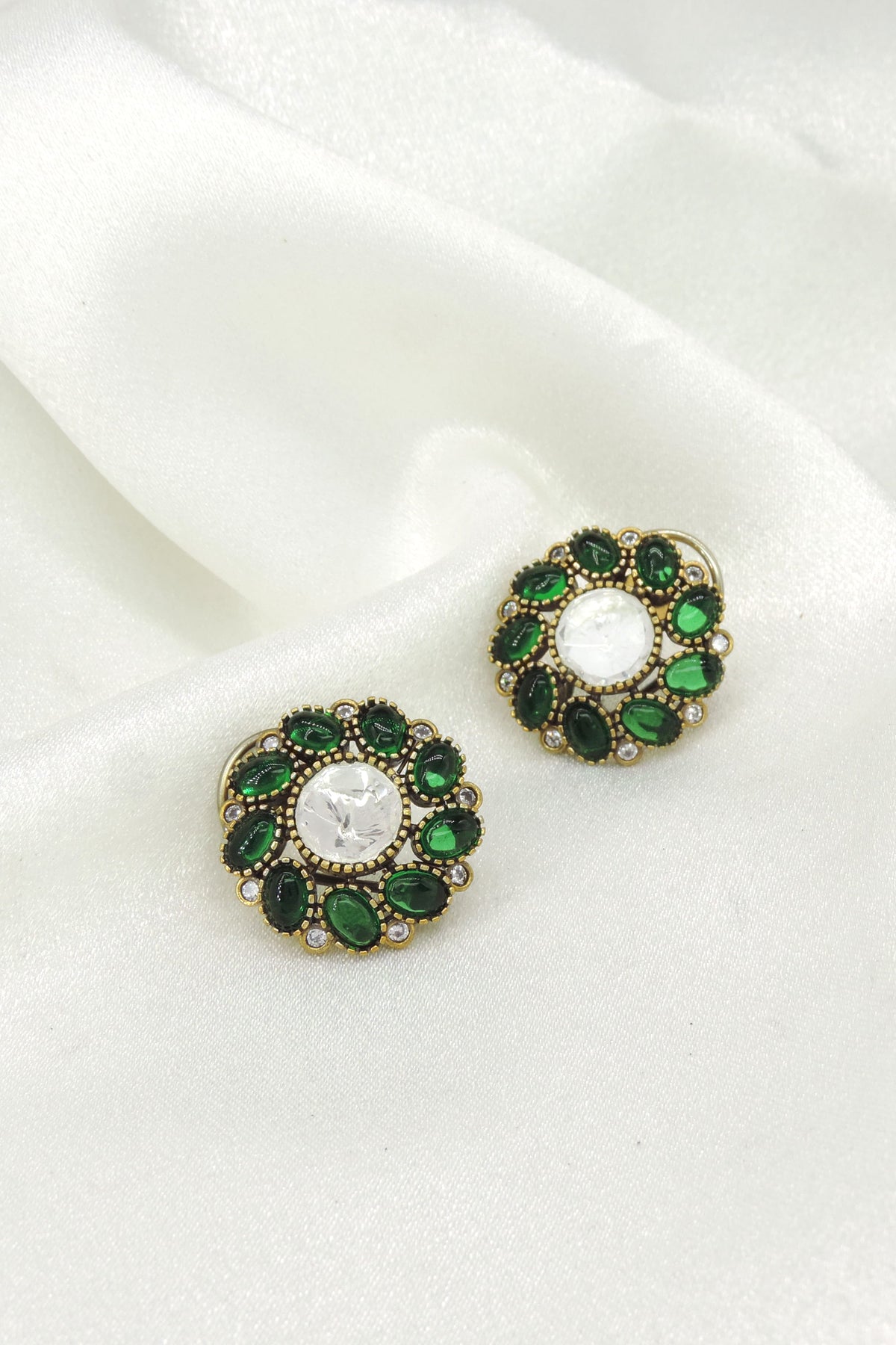 Emerald Polki Floral Stud Earrings | Joyrias