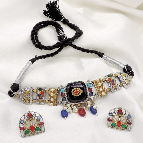 Oxidized dual-tone multicolor stone pearl choker set with matching earrings by joyrias